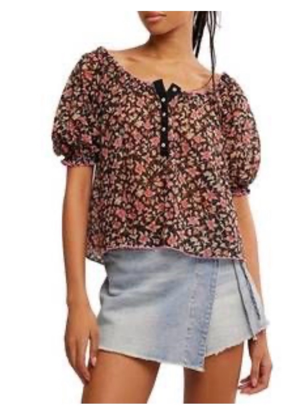 Free People Black Floral Puff-Sleeve Blouse with Pink Accents